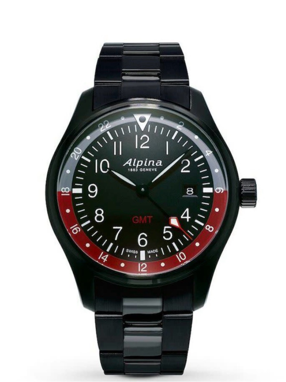 Alpina Black  Red Gmt Mens Startimer Pilot Quartz Black Dial Watch